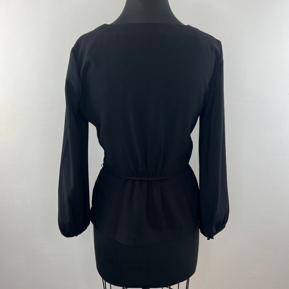 J. Crew Black Long Sleeve Polyester Drapey Crepe Faux Wrap Tie Waist Top Size 4 - Picture 6 of 9